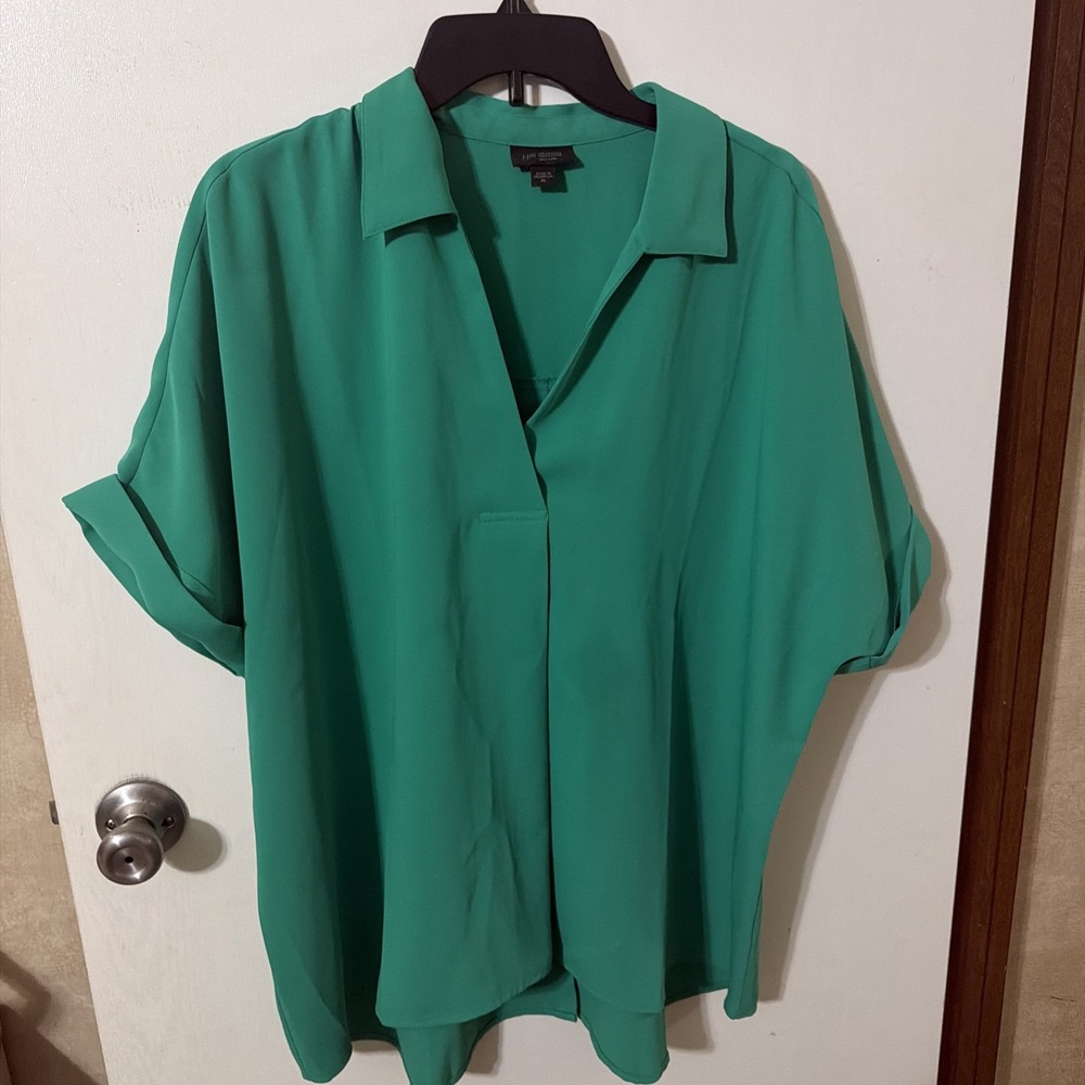 J. Jill Women's Green Solid Collared Slip Over Blouse XL, Short Sleeve